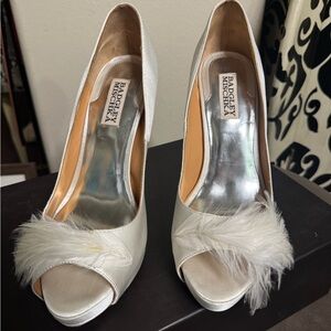 Badgley Mischka Ivory Peep-Toe Heels with Feather Accent